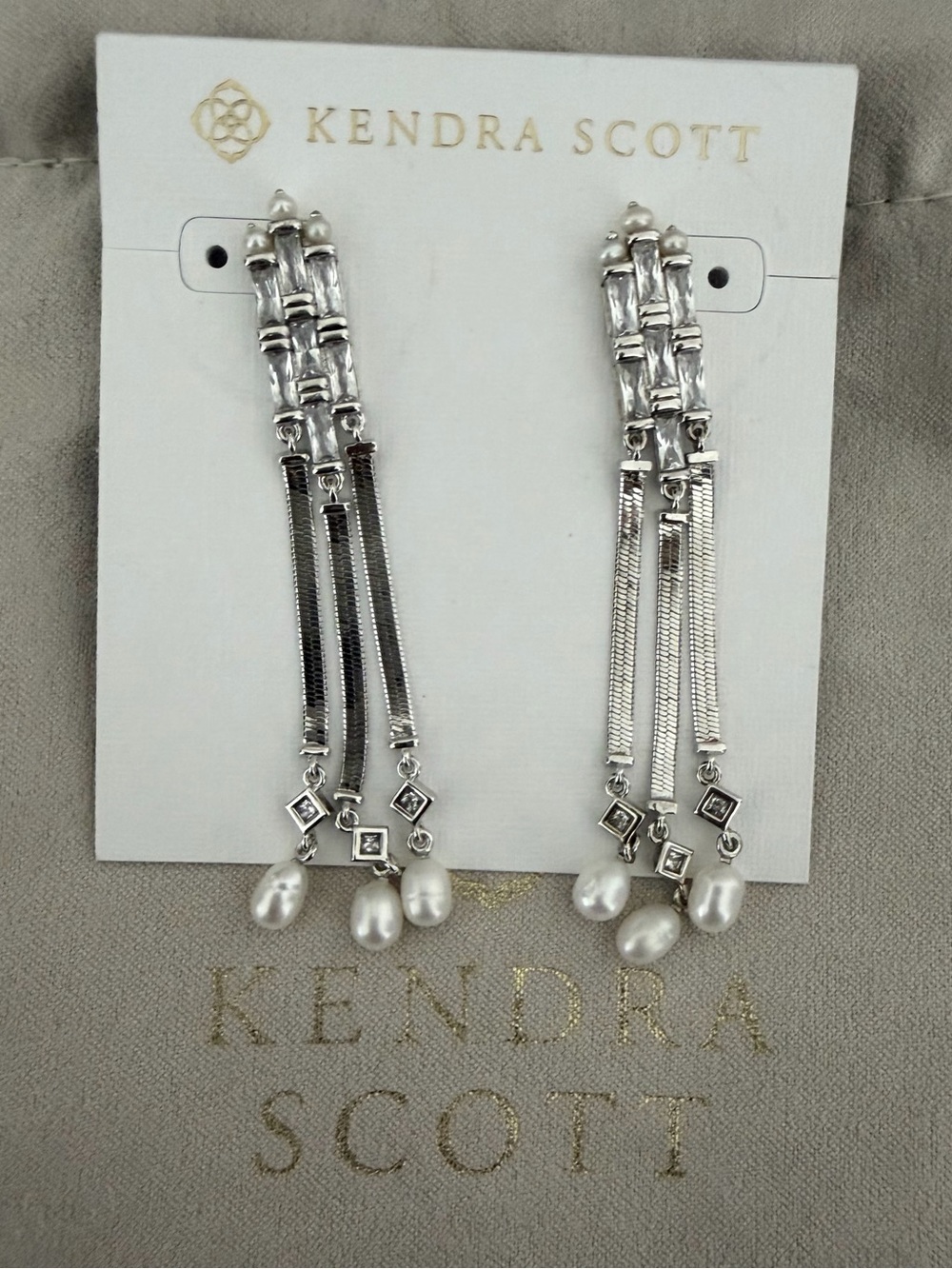 Kendra Scott Gracie Linear Earrings Rhodium Silver Pearl Crystal NWT